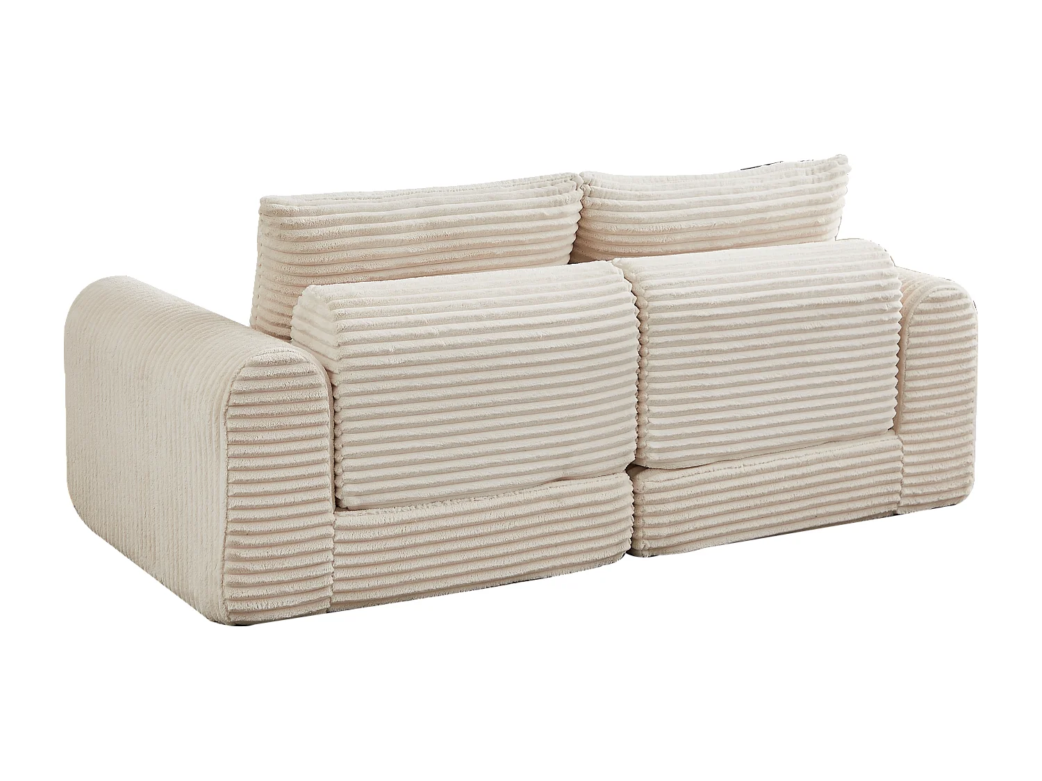 Canapé convertible 2 places en velours côtelé avec poufs - Accoudoirs incurvés - Beige