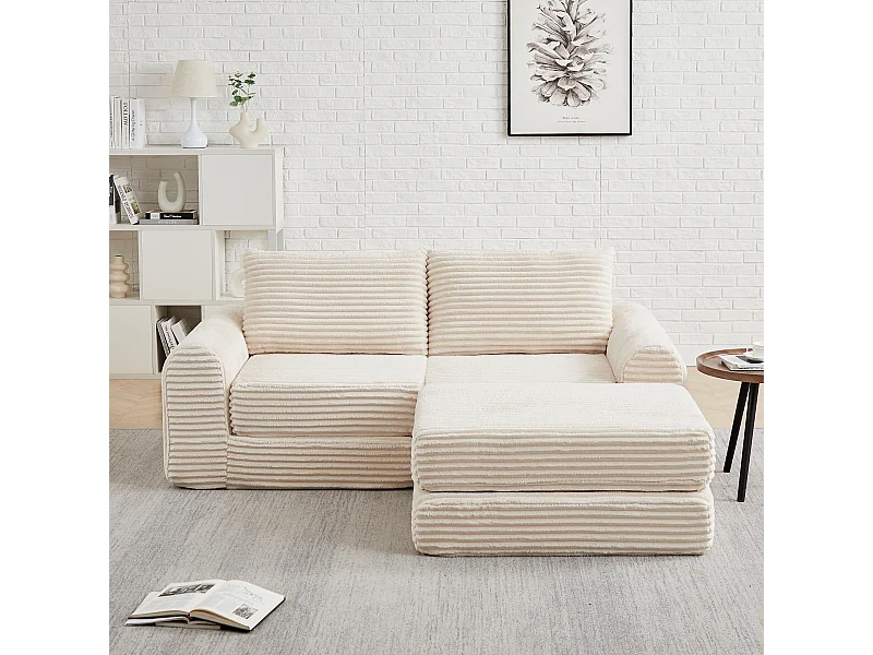 Canapé convertible 2 places en velours côtelé avec poufs - Accoudoirs incurvés - Beige