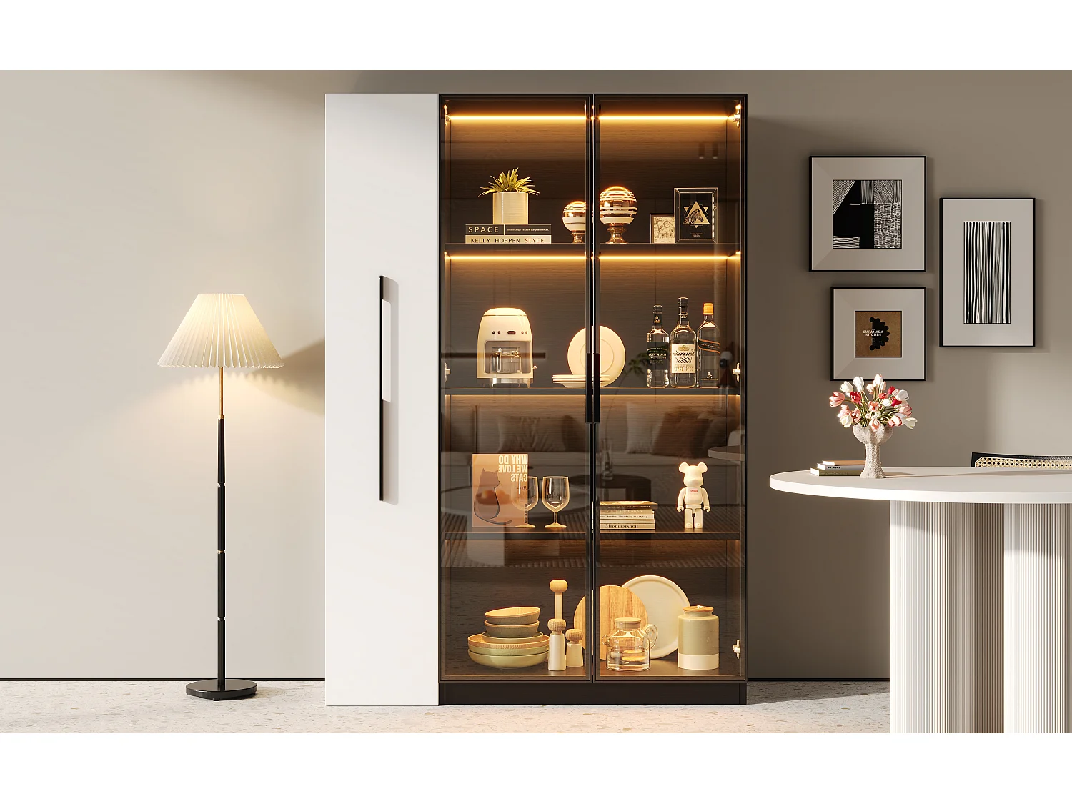 Vitrine preta com iluminação LED, duas portas de vidro e uma gaveta lateral deslizante, 110,5 × 35 × 160 cm