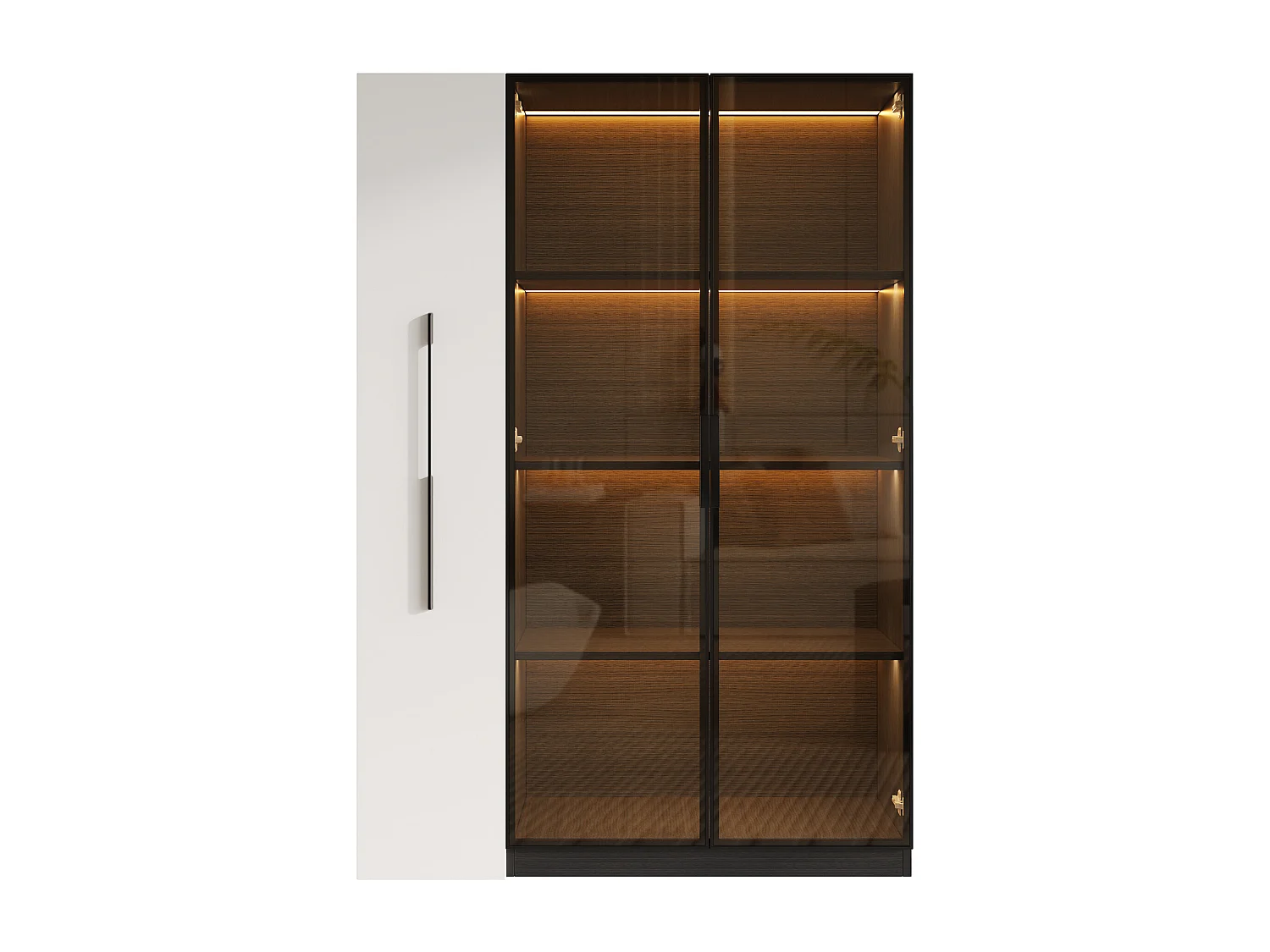 Vitrine preta com iluminação LED, duas portas de vidro e uma gaveta lateral deslizante, 110,5 × 35 × 160 cm