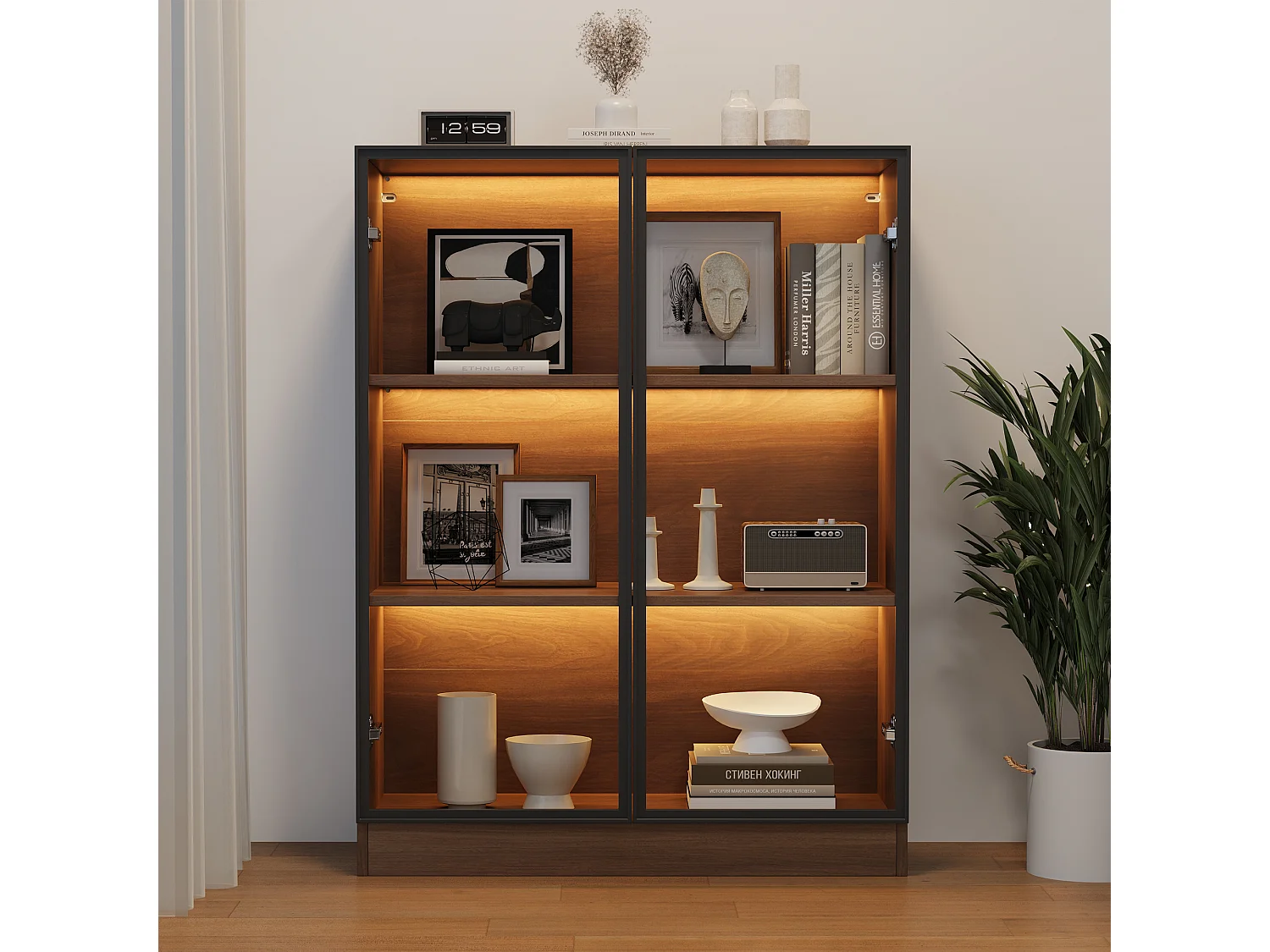 Vitrine avec 2 portes en verre et LED - Couleur noyer 80x32x106 cm