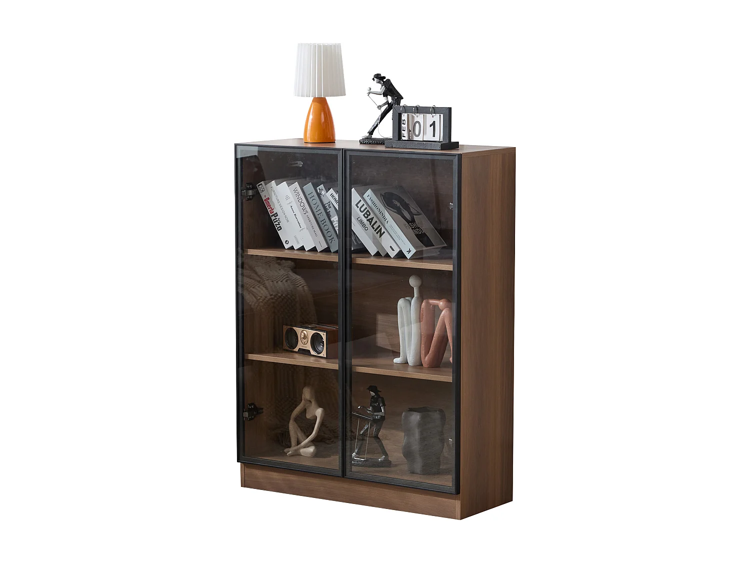 Vitrine avec 2 portes en verre et LED - Couleur noyer 80x32x106 cm