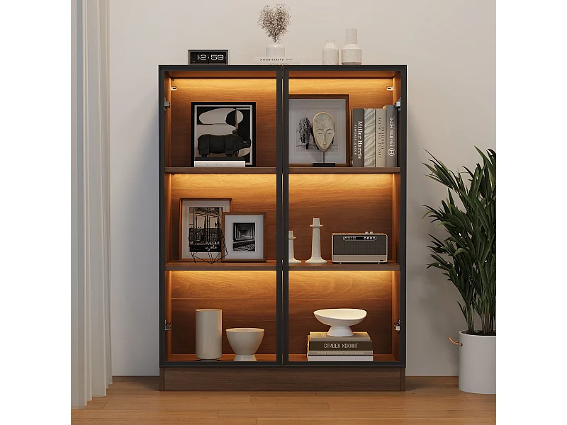 Vitrine avec 2 portes en verre et LED - Couleur noyer 80x32x106 cm