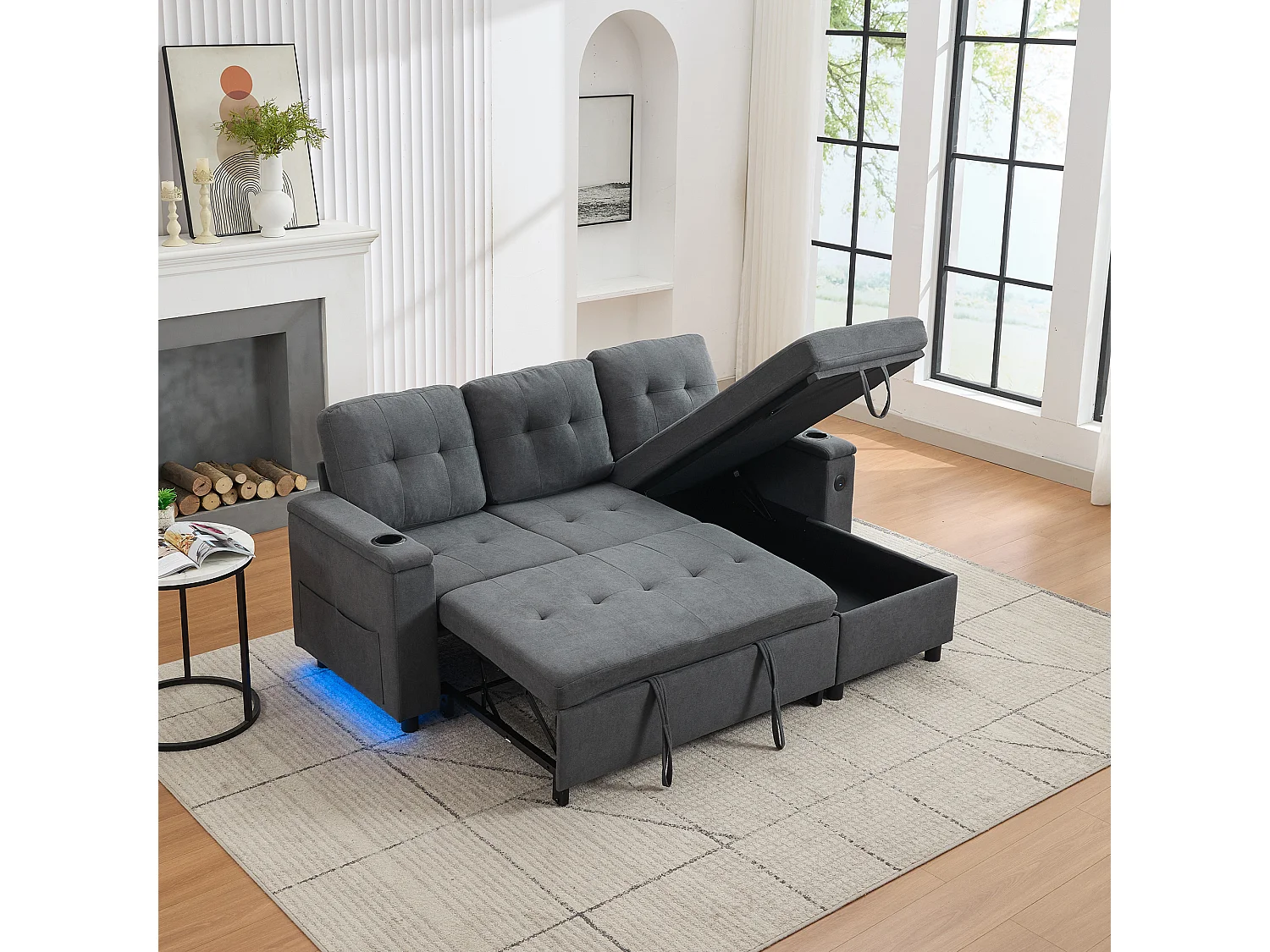 Canapé d'angle convertible 3 places avec LED, rangement, ports USB - Tissu gris