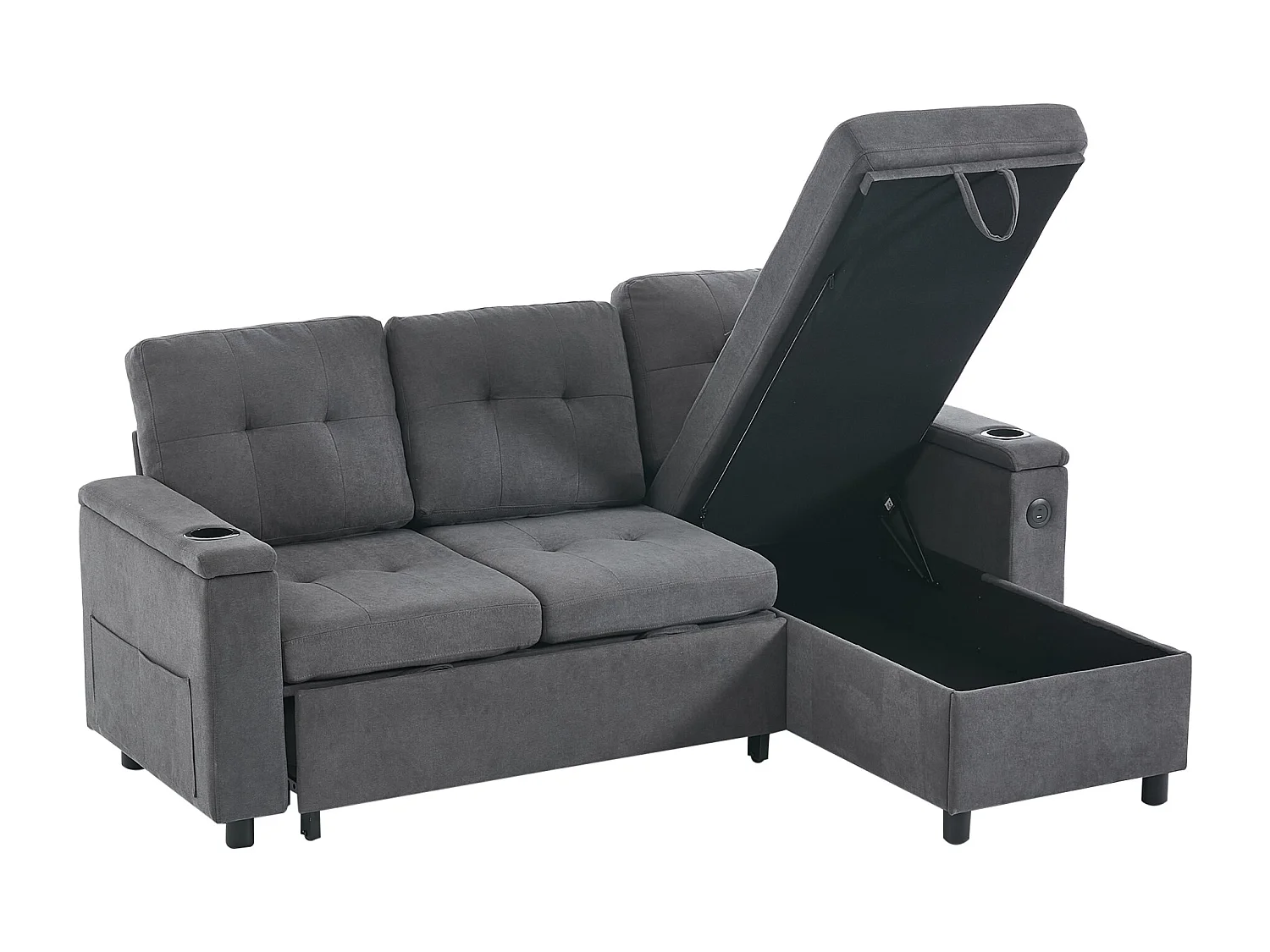 Canapé d'angle convertible 3 places avec LED, rangement, ports USB - Tissu gris