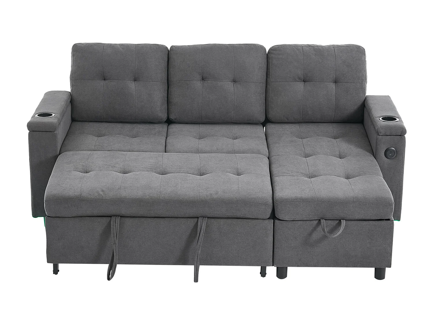 Canapé d'angle convertible 3 places avec LED, rangement, ports USB - Tissu gris