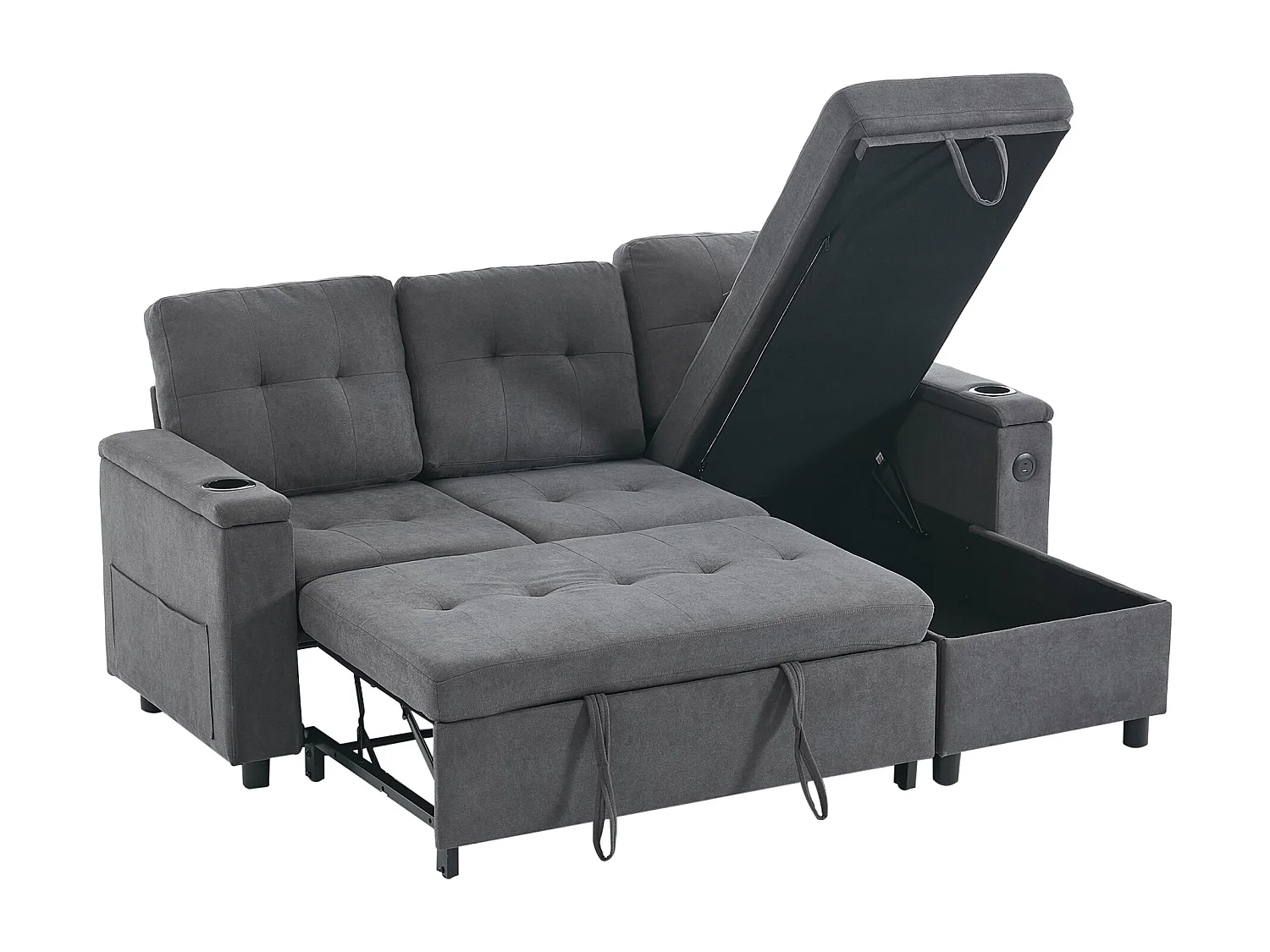 Canapé d'angle convertible 3 places avec LED, rangement, ports USB - Tissu gris