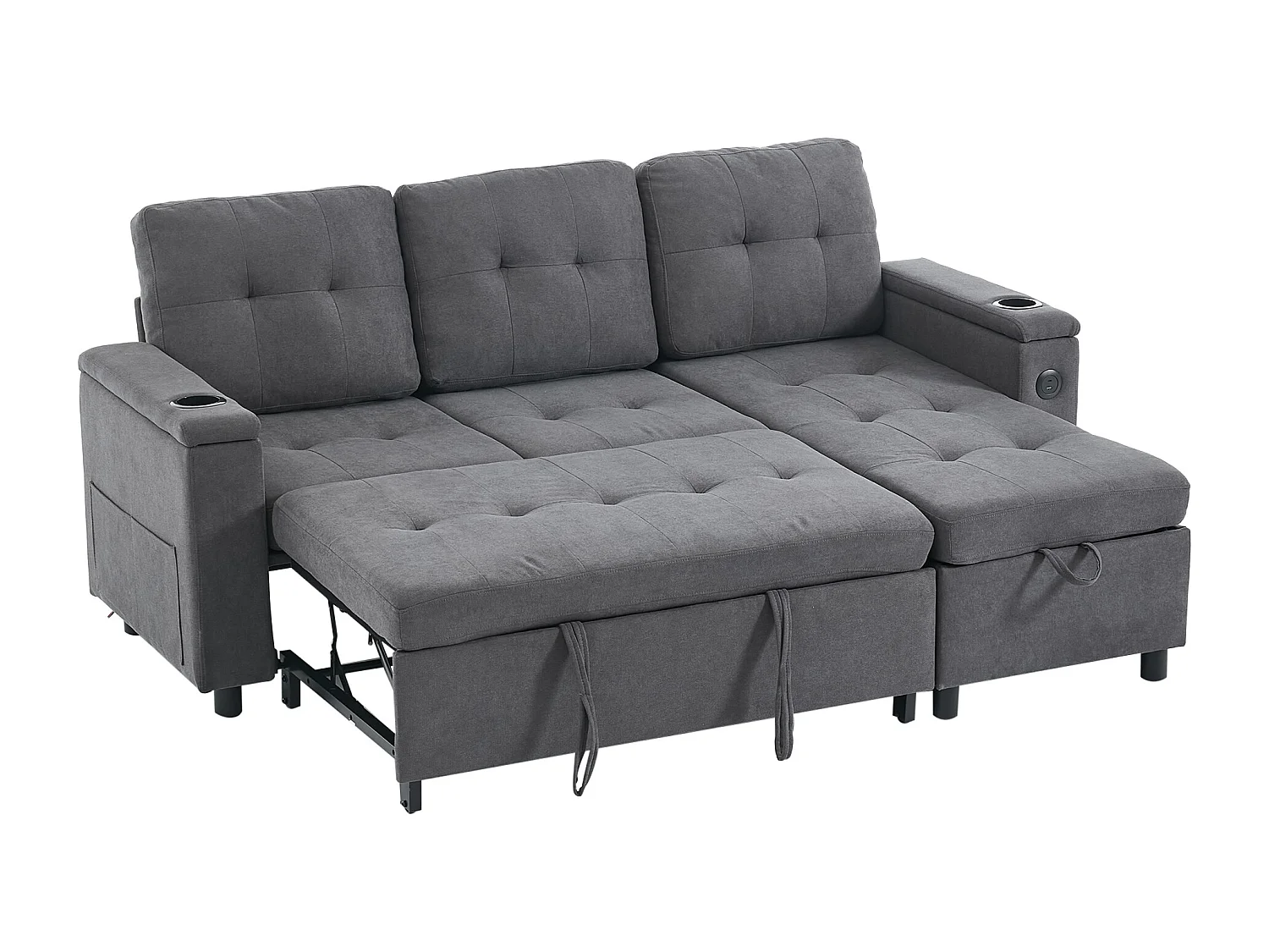 Canapé d'angle convertible 3 places avec LED, rangement, ports USB - Tissu gris