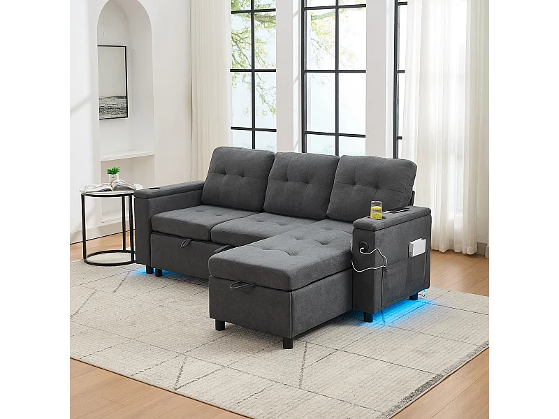 Canapé d'angle convertible 3 places avec LED, rangement, ports USB - Tissu gris