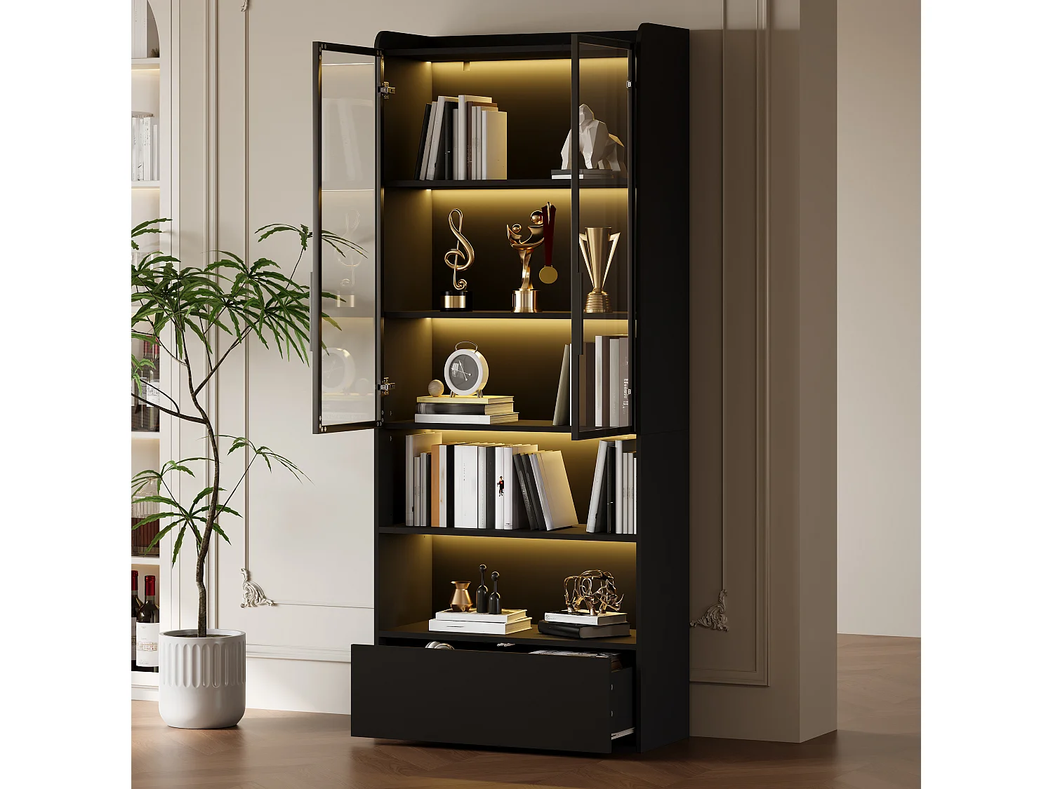 Vitrine haute 80x34x180 cm noir avec tiroir, portes en verre et LED