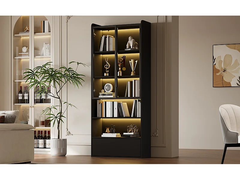 Hoge vitrinekast 80x34x180 cm, zwart, met lade, glazen deuren en ledverlichting.