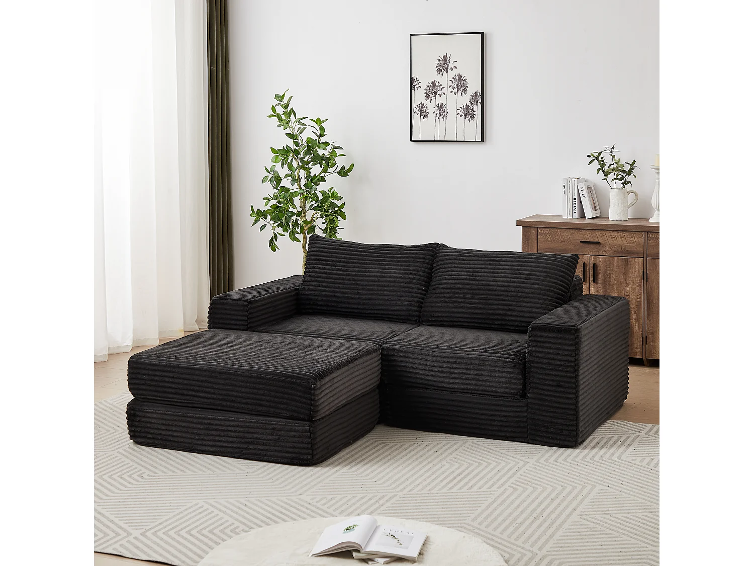 Canapé convertible 2 places modulable avec poufs amovible - Velours côtelé noir
