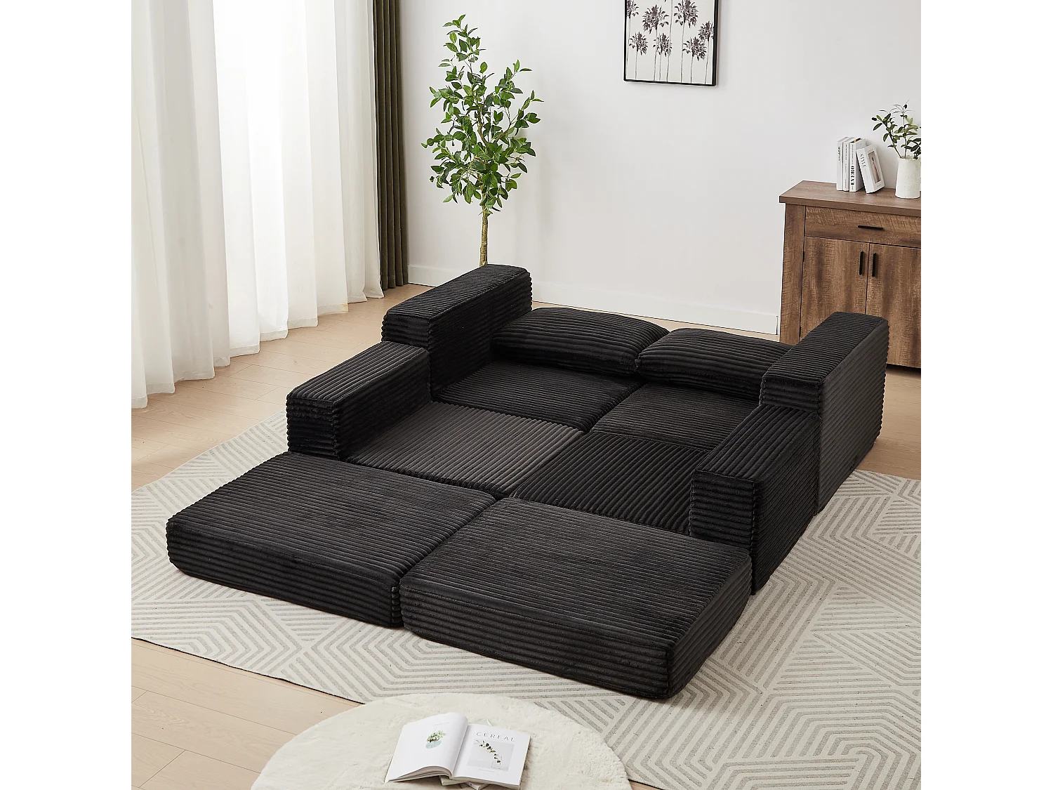 Canapé convertible 2 places modulable avec poufs amovible - Velours côtelé noir