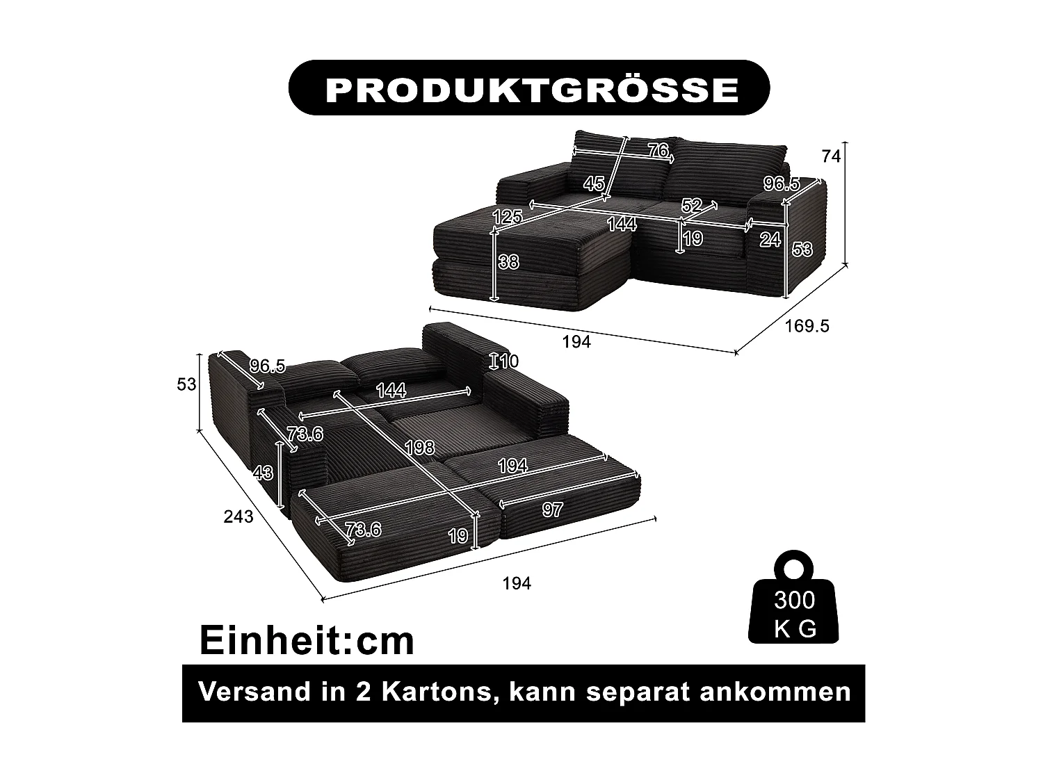 Canapé convertible 2 places modulable avec poufs amovible - Velours côtelé noir