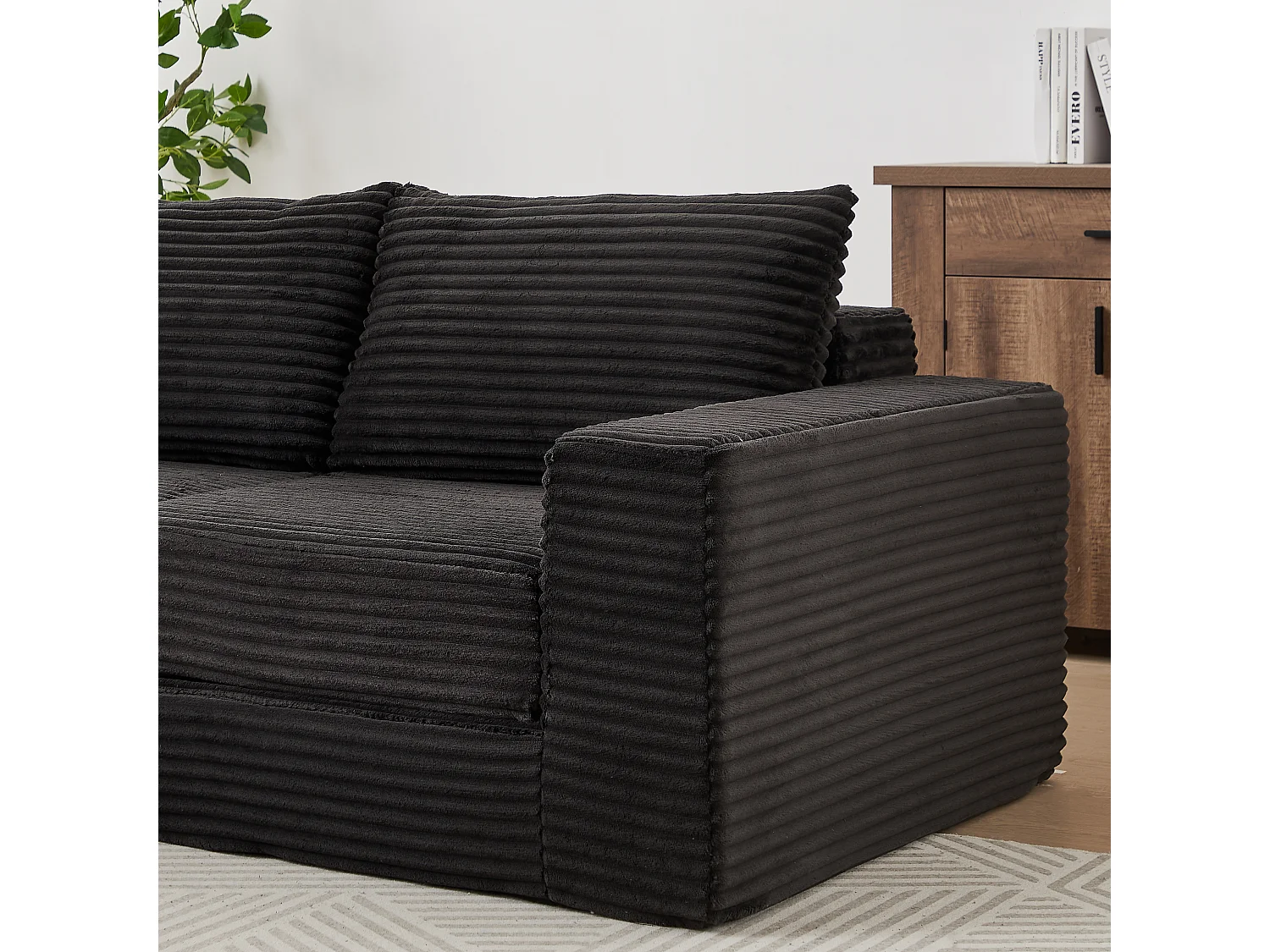 Canapé convertible 2 places modulable avec poufs amovible - Velours côtelé noir