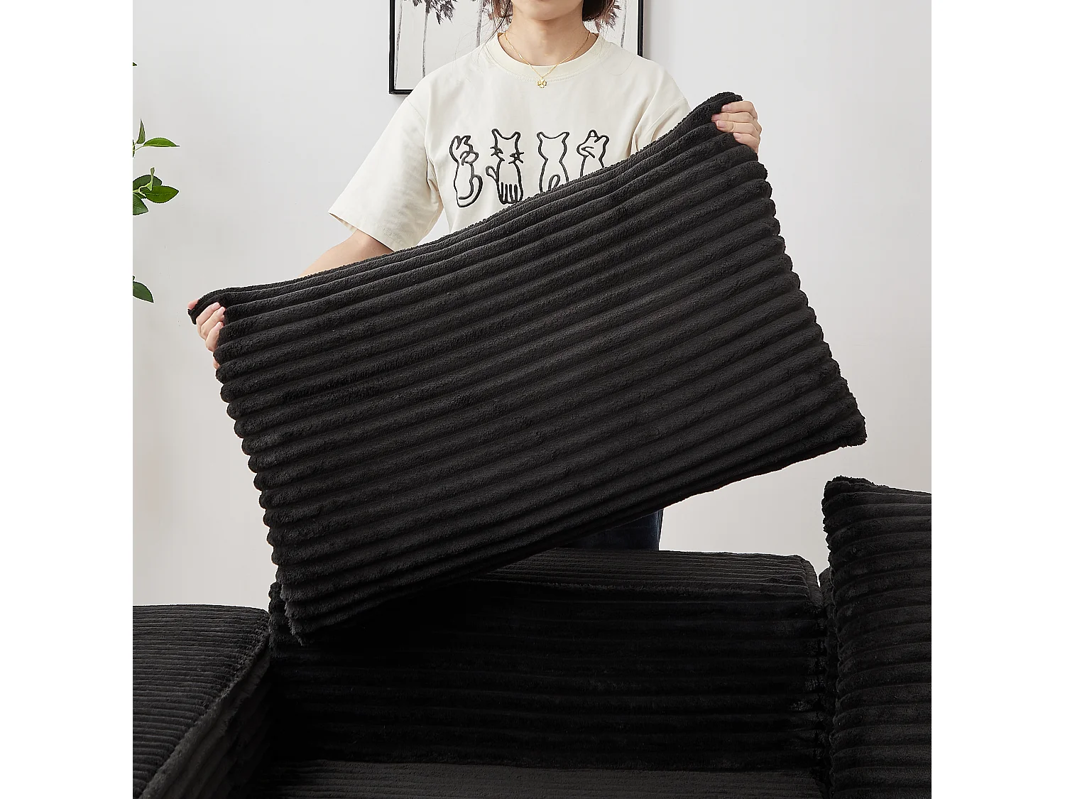 Canapé convertible 2 places modulable avec poufs amovible - Velours côtelé noir