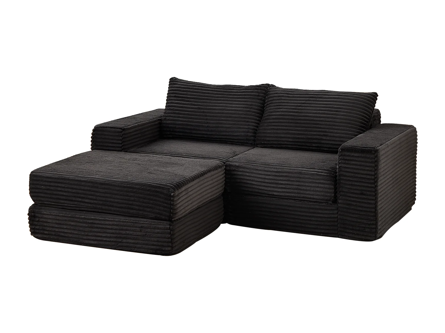 Canapé convertible 2 places modulable avec poufs amovible - Velours côtelé noir