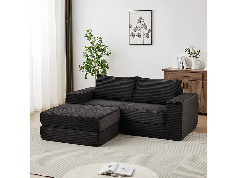 Canapé convertible 2 places modulable avec poufs amovible - Velours côtelé noir
