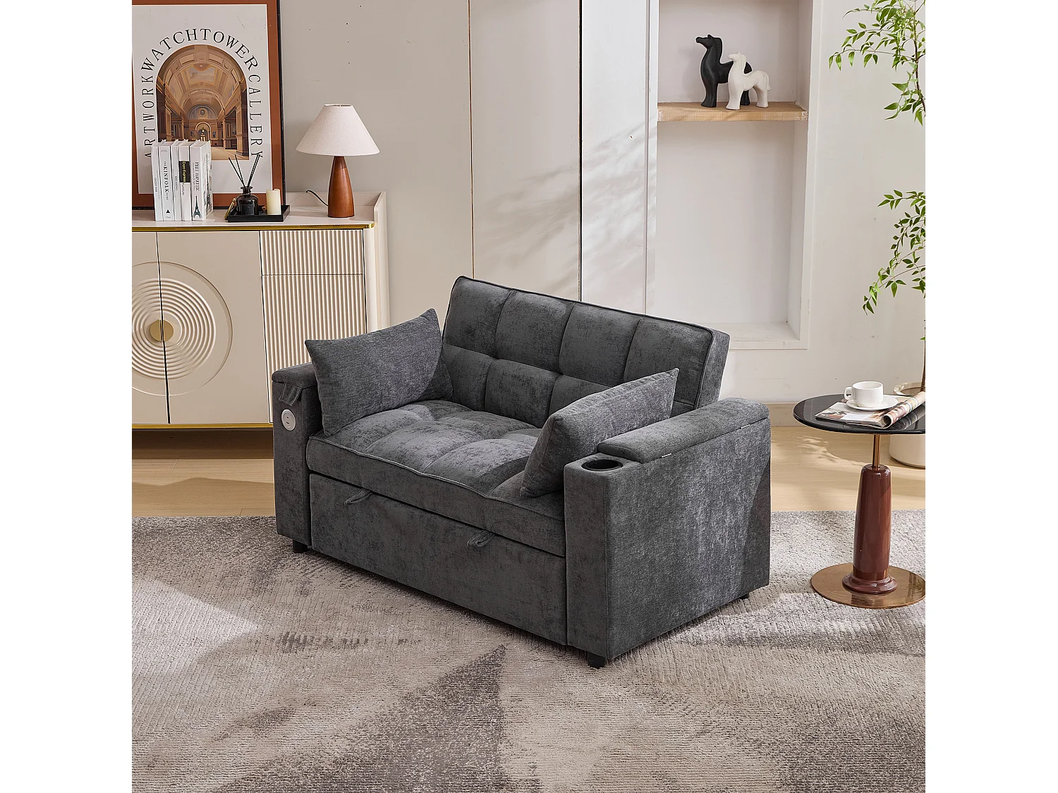 Canapé convertible 2 places en tissu gris - Avec dossier réglable, ports USB et tablette d’appoint