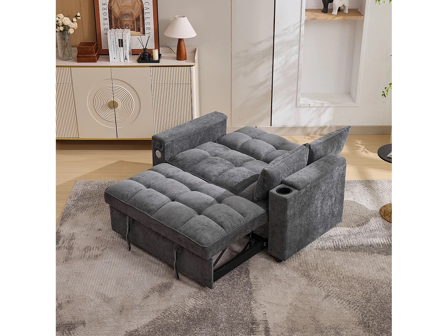 Canapé convertible 2 places en tissu gris - Avec dossier réglable, ports USB et tablette d’appoint