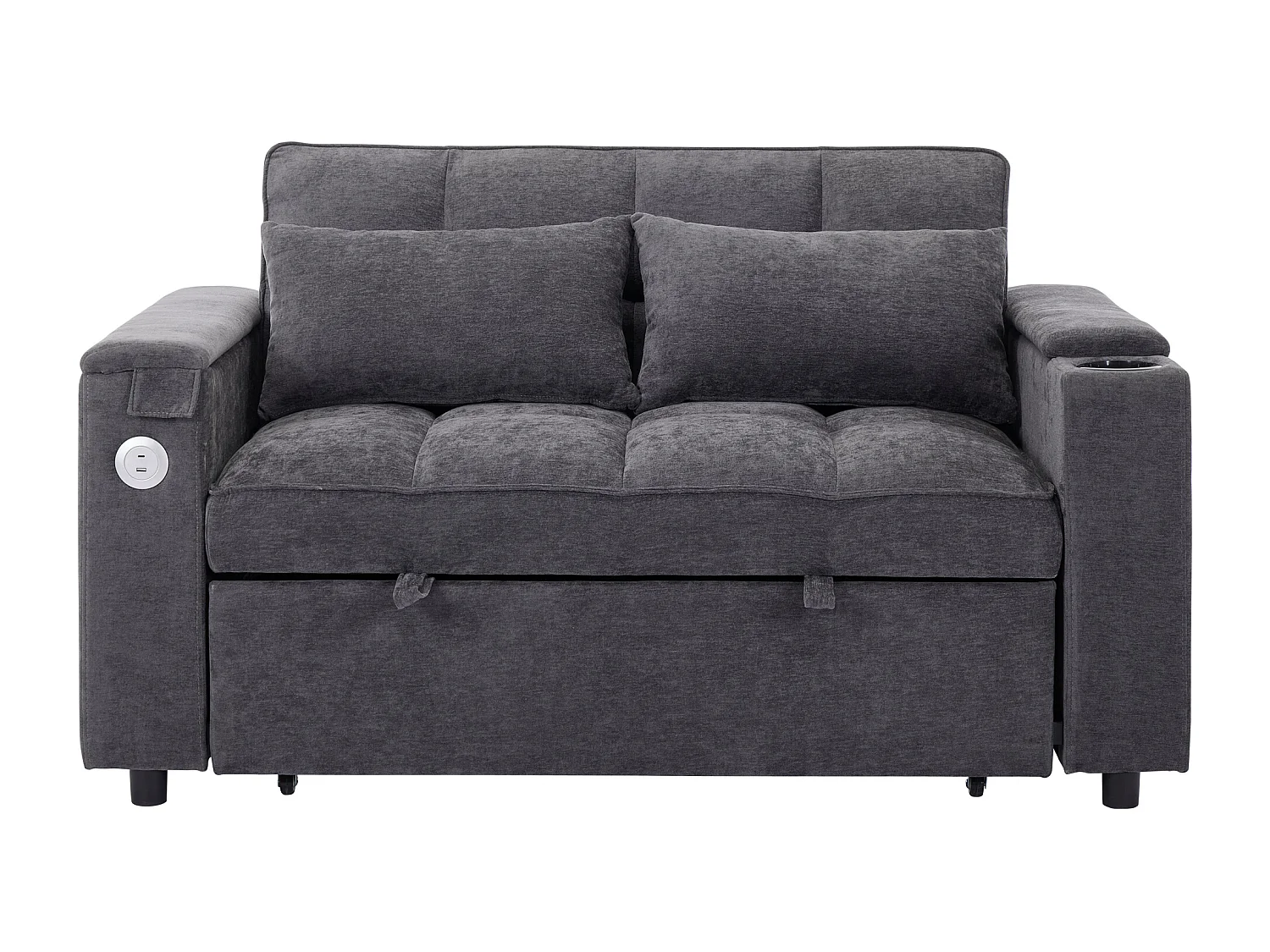 Canapé convertible 2 places en tissu gris - Avec dossier réglable, ports USB et tablette d’appoint