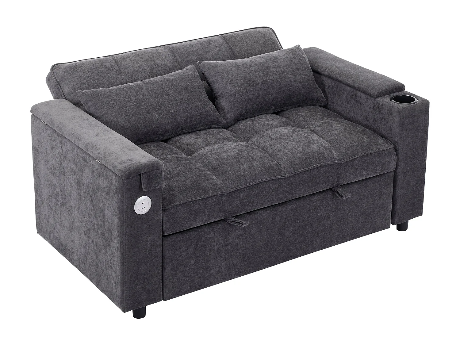 Canapé convertible 2 places en tissu gris - Avec dossier réglable, ports USB et tablette d’appoint