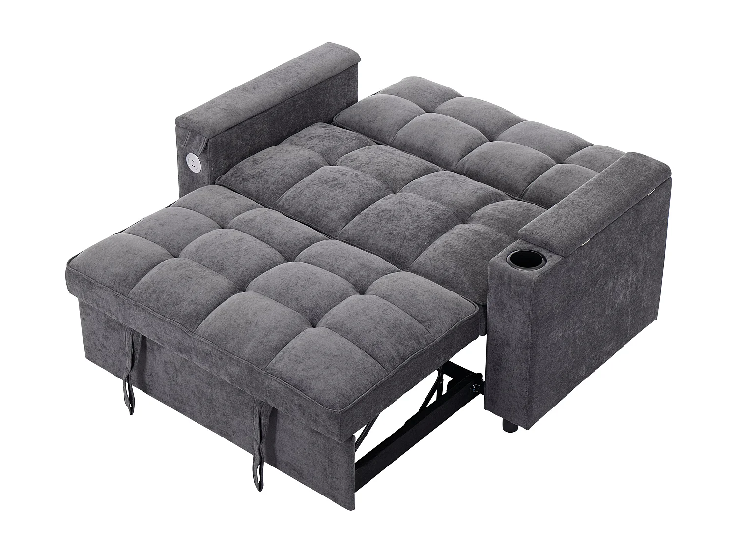 Canapé convertible 2 places en tissu gris - Avec dossier réglable, ports USB et tablette d’appoint