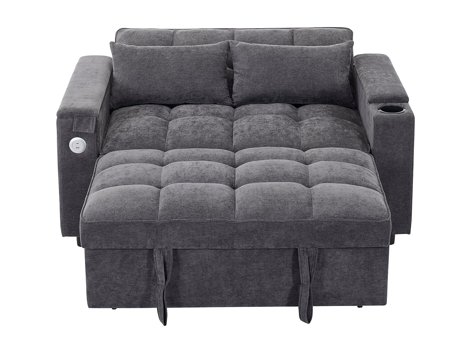 Canapé convertible 2 places en tissu gris - Avec dossier réglable, ports USB et tablette d’appoint