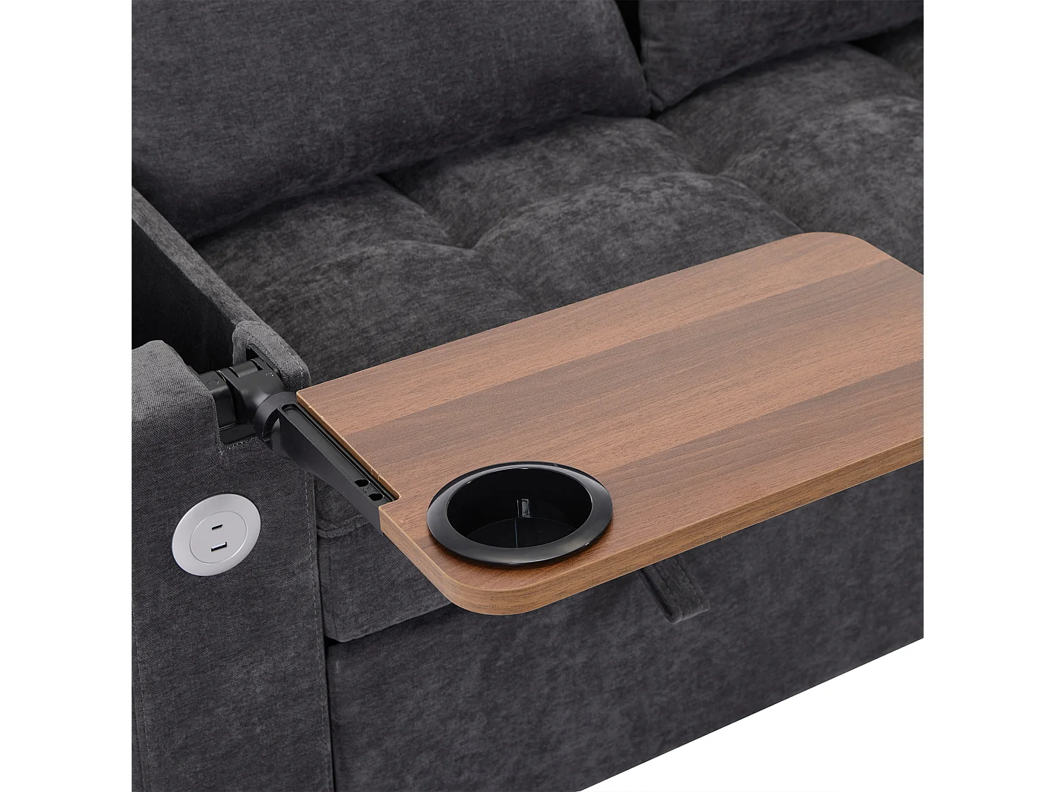 Canapé convertible 2 places en tissu gris - Avec dossier réglable, ports USB et tablette d’appoint