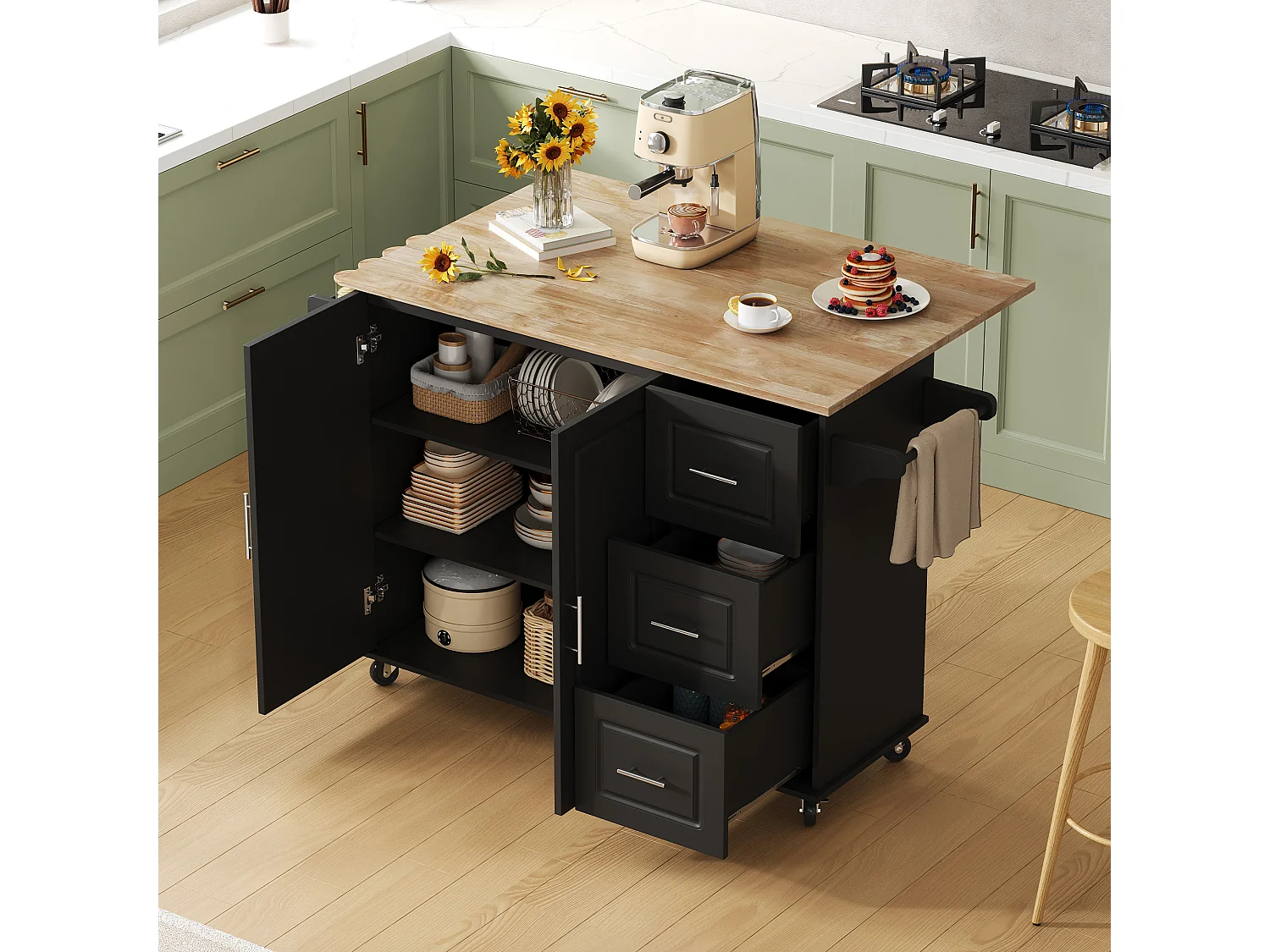 Îlot de cuisine à roulettes 137x43/76 cm avec 3 tiroirs et 2 portes - Noir et bois