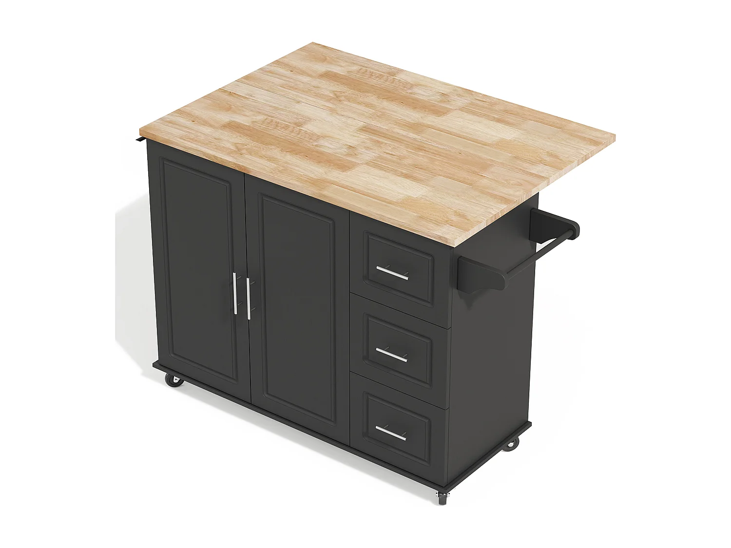 Îlot de cuisine à roulettes 137x43/76 cm avec 3 tiroirs et 2 portes - Noir et bois