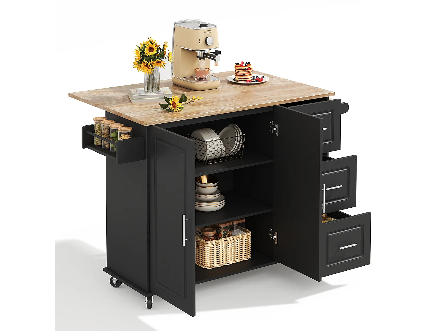 Îlot de cuisine à roulettes 137x43/76 cm avec 3 tiroirs et 2 portes - Noir et bois