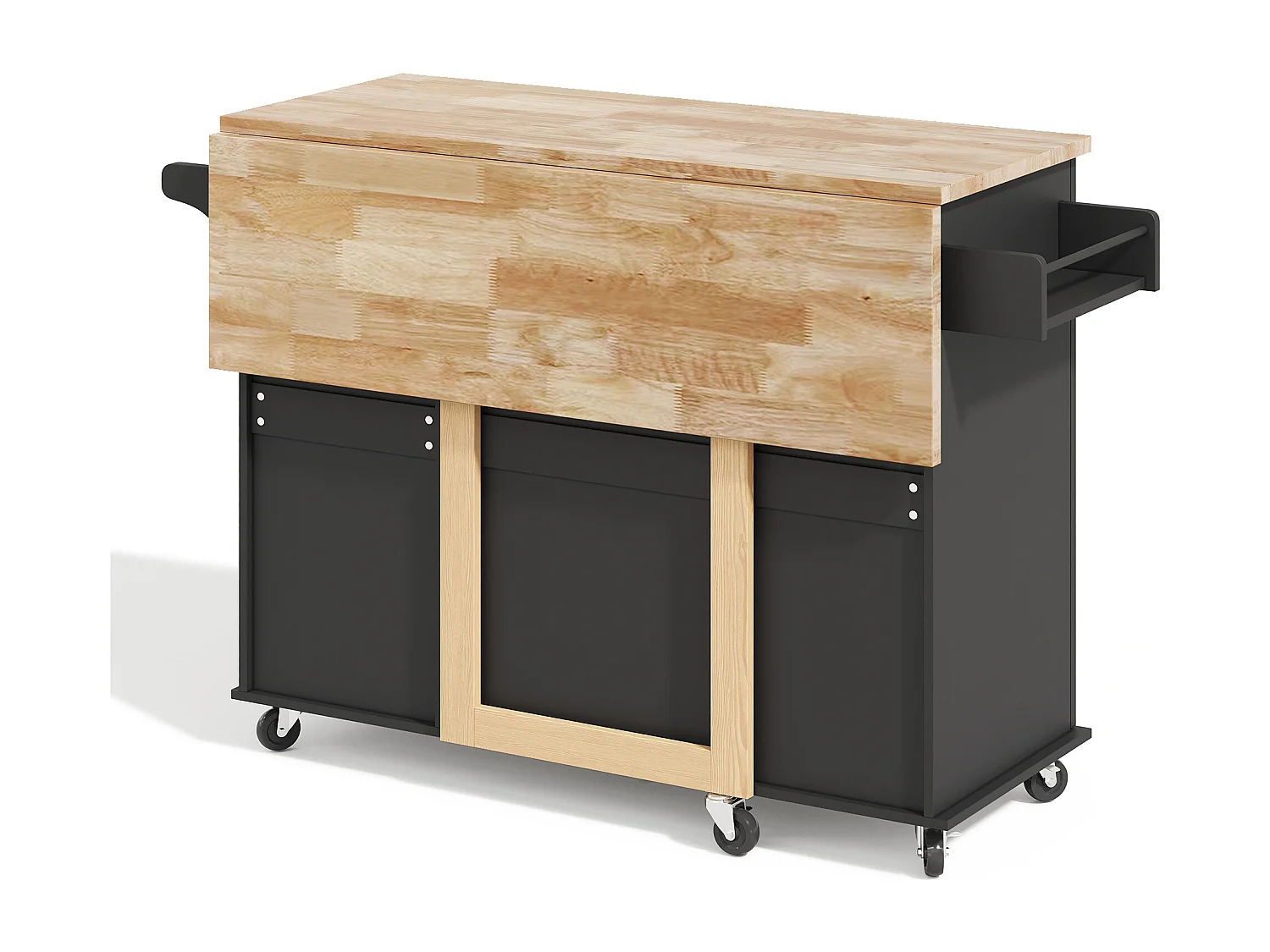 Îlot de cuisine à roulettes 137x43/76 cm avec 3 tiroirs et 2 portes - Noir et bois