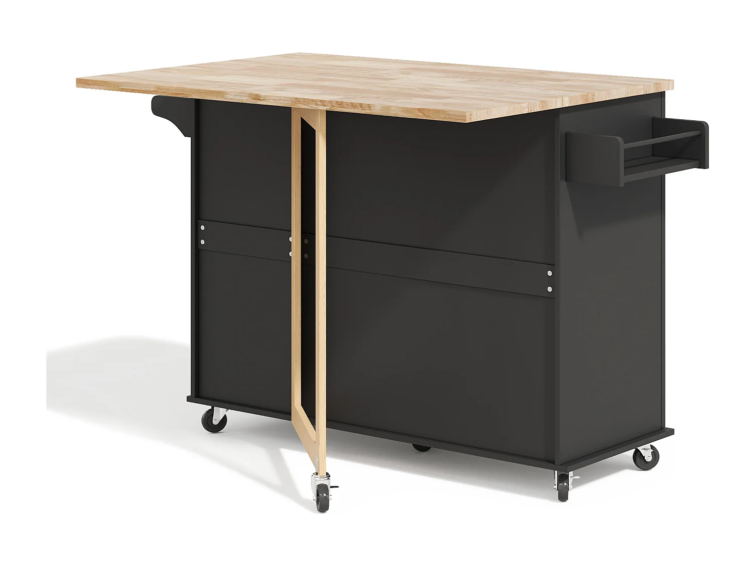 Îlot de cuisine à roulettes 137x43/76 cm avec 3 tiroirs et 2 portes - Noir et bois