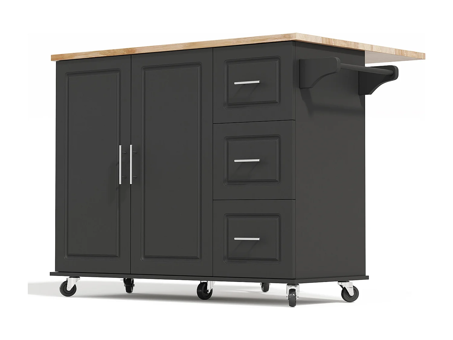 Îlot de cuisine à roulettes 137x43/76 cm avec 3 tiroirs et 2 portes - Noir et bois