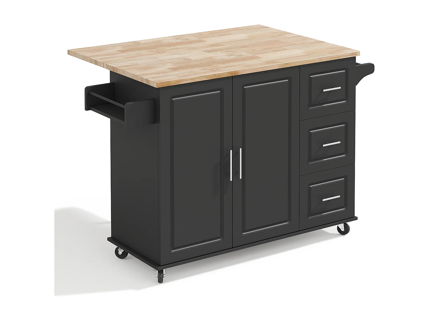 Îlot de cuisine à roulettes 137x43/76 cm avec 3 tiroirs et 2 portes - Noir et bois