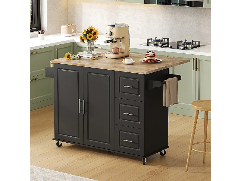 Îlot de cuisine à roulettes 137x43/76 cm avec 3 tiroirs et 2 portes - Noir et bois