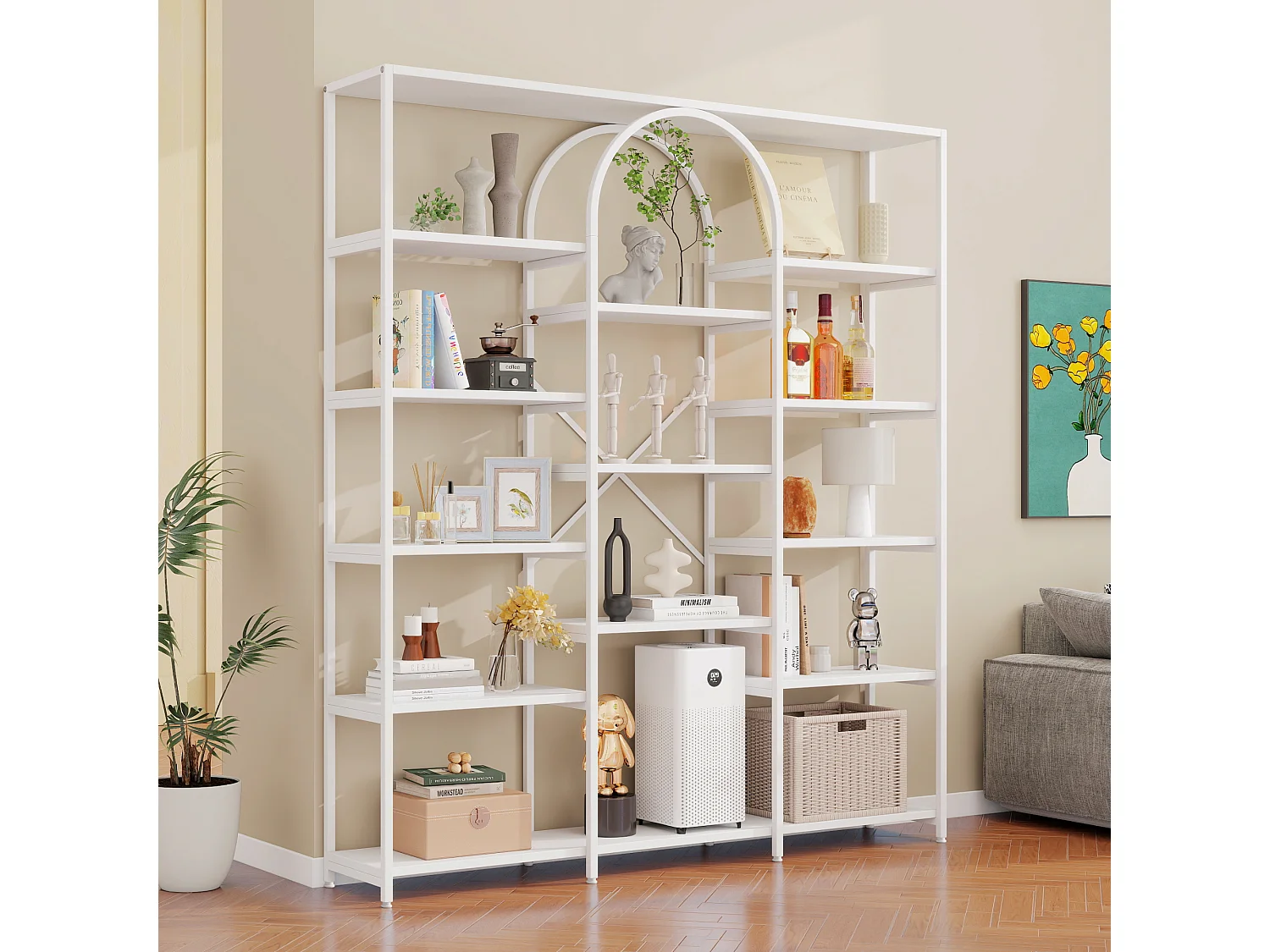 Prateleira em aço e MDF de 160 x 30 x 180 cm - Design retangular e arqueado - Branca