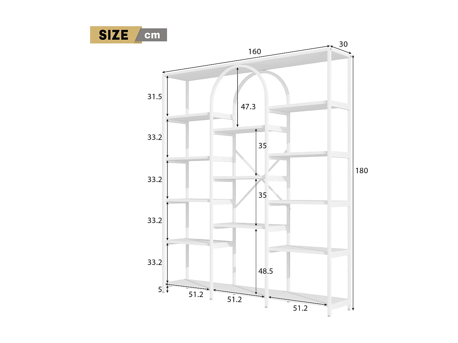 Prateleira em aço e MDF de 160 x 30 x 180 cm - Design retangular e arqueado - Branca