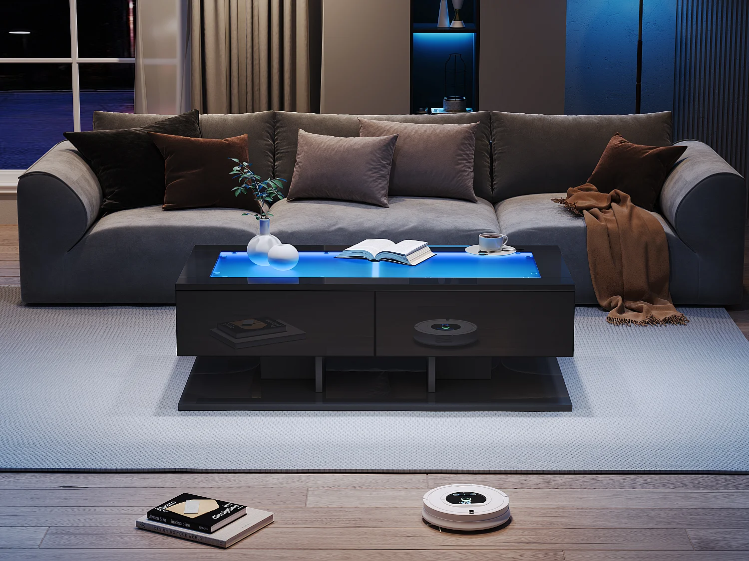 Zwarte gelakte LED-salontafel 100x50x35 cm met 2 lades - Glazen blad