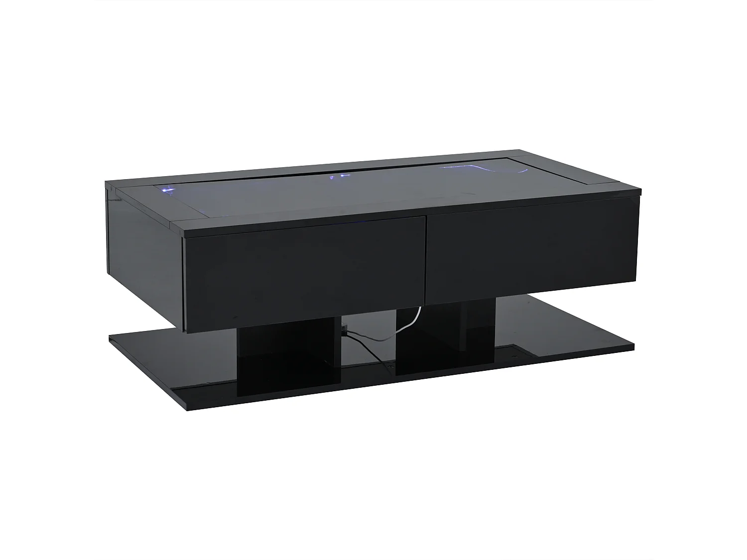 Zwarte gelakte LED-salontafel 100x50x35 cm met 2 lades - Glazen blad