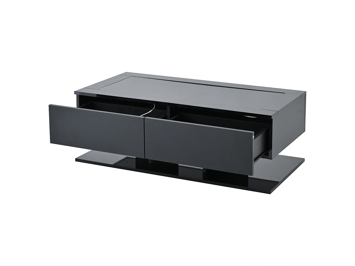 Zwarte gelakte LED-salontafel 100x50x35 cm met 2 lades - Glazen blad