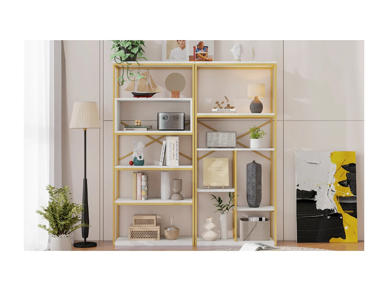 Prateleira com as dimensões de 160 x 29,5 x 180 cm - Metal e MDF - Dourada e branca