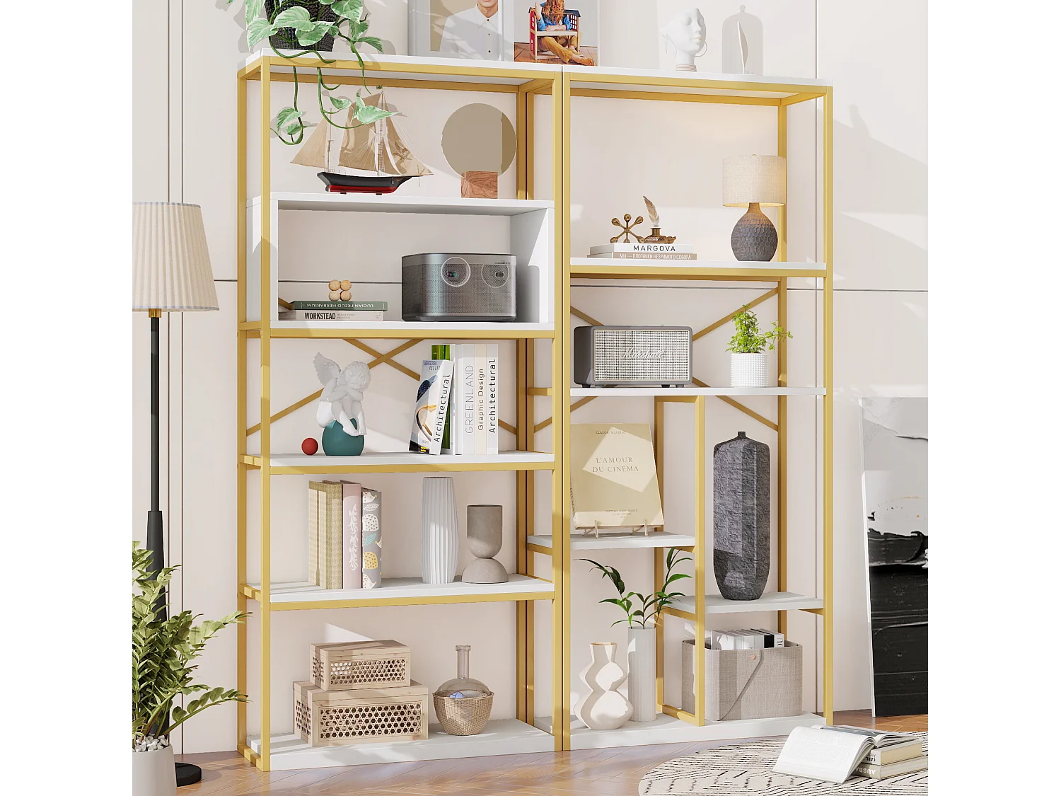 Prateleira com as dimensões de 160 x 29,5 x 180 cm - Metal e MDF - Dourada e branca