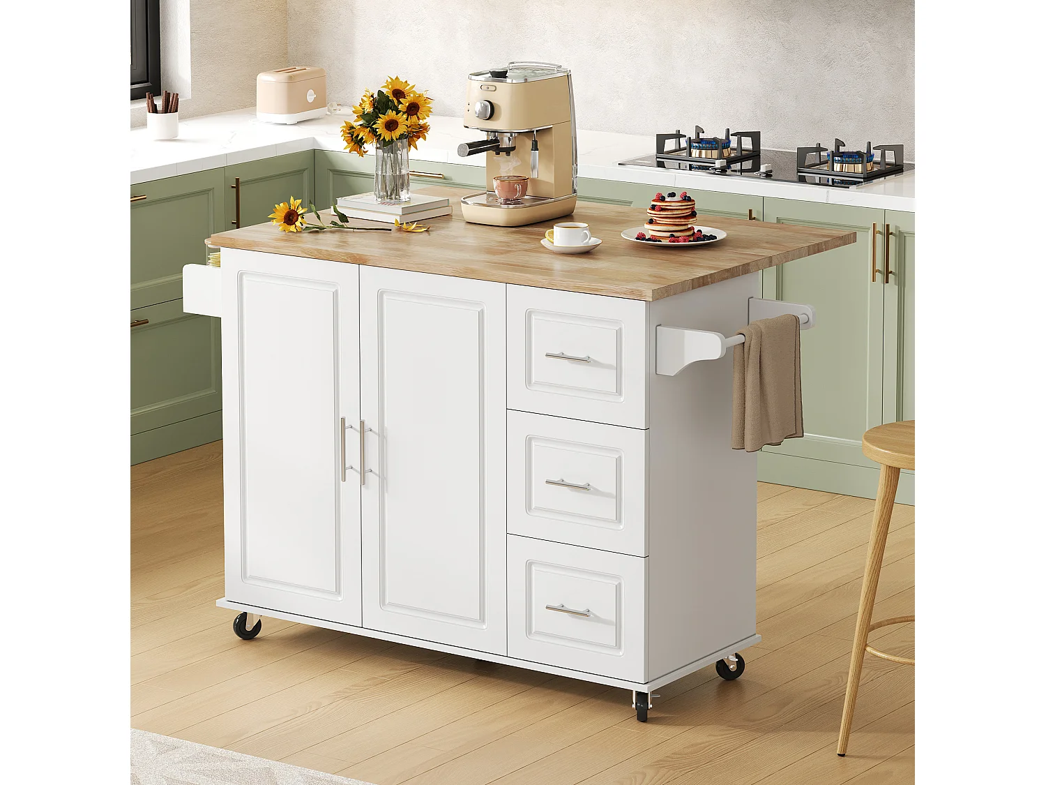 Îlot de cuisine à roulettes 137x43/76 cm avec 3 tiroirs et 2 portes - Blanc et bois