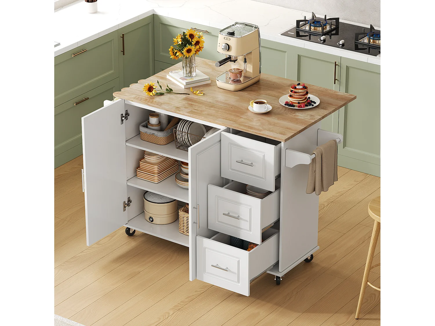 Îlot de cuisine à roulettes 137x43/76 cm avec 3 tiroirs et 2 portes - Blanc et bois