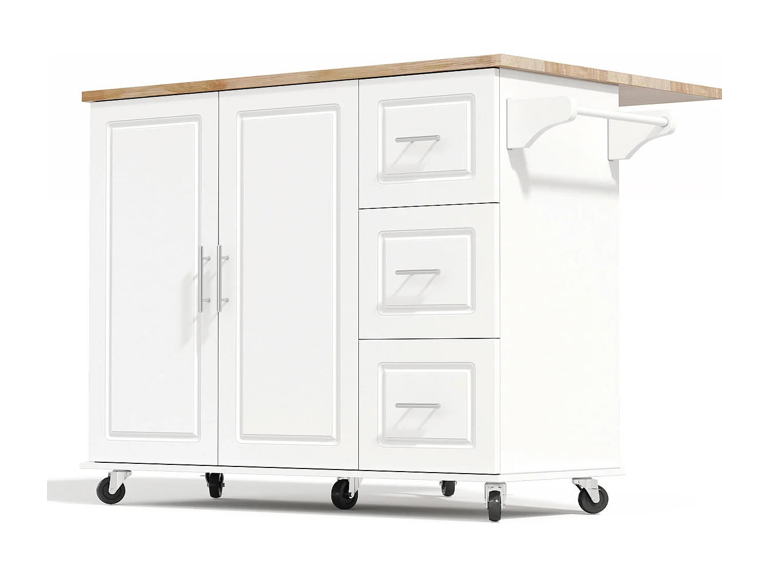 Îlot de cuisine à roulettes 137x43/76 cm avec 3 tiroirs et 2 portes - Blanc et bois