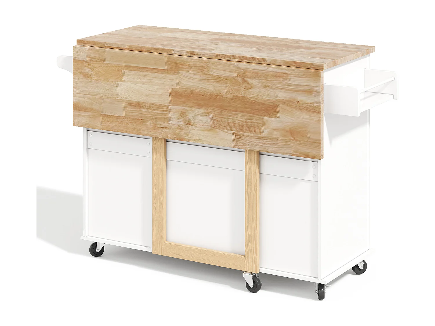 Îlot de cuisine à roulettes 137x43/76 cm avec 3 tiroirs et 2 portes - Blanc et bois