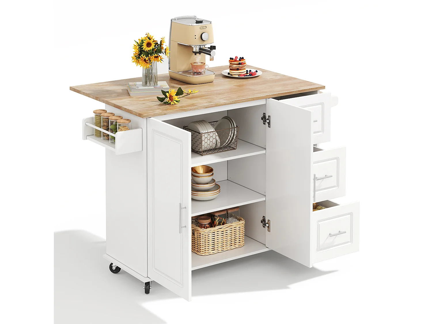 Îlot de cuisine à roulettes 137x43/76 cm avec 3 tiroirs et 2 portes - Blanc et bois