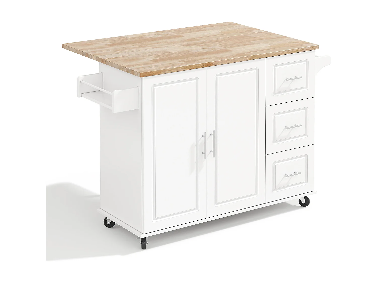 Îlot de cuisine à roulettes 137x43/76 cm avec 3 tiroirs et 2 portes - Blanc et bois